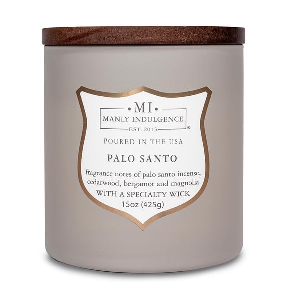 Manly Indulgence - Velas perfumadas de Palo Santo para hombres, mecha de madera de 15 onzas, cera de mezcla de soja premium, quemaduras de 60 horas, velas perfumadas para el hogar, fabricadas en los