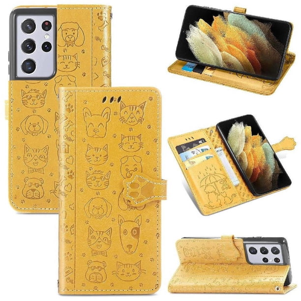 Funda Cartera FOXDOCK para Samsung Galaxy S21 Ultra , Flip PU con Relieve de Gatos y Perros, Tarjetero y Soporte