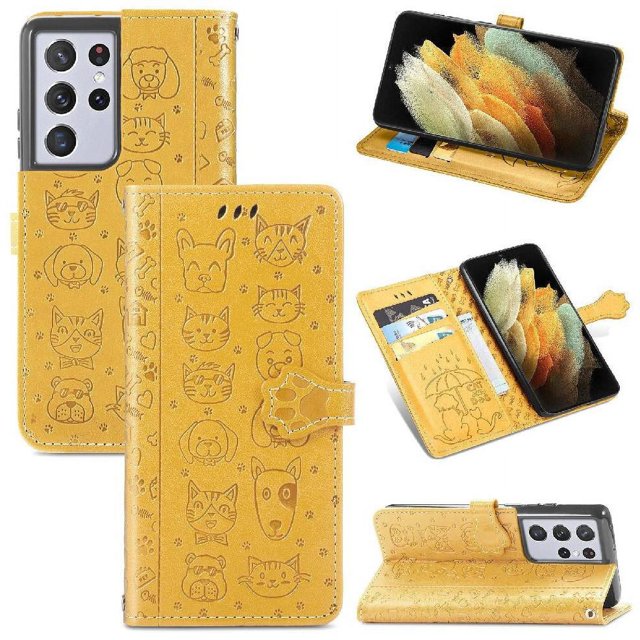 Funda Cartera FOXDOCK para Samsung Galaxy S21 Ultra , Flip PU con Relieve de Gatos y Perros, Tarjetero y Soporte