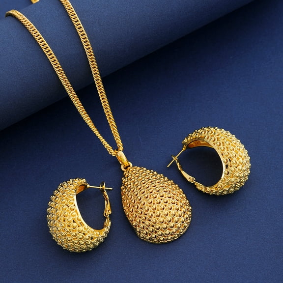 14K Yellow Gold Dubai Bridal Earrings Necklace Alcohol Jewelry Set Middle Eastern Ladies Two-piece Set