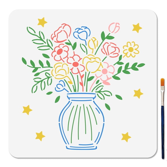 Flower Vase Stencil Wildflowers Painting Stencils 11.8x11.8inch Reusable Floral Bouquet Star Drawing Templates with Paint Brush