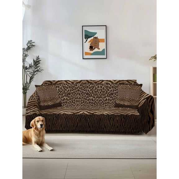 Leopard Zebra Print Couch Cover, Vintage Animal Skin Striped Brown Sofa Cover Blanket for Loveseat Couches, Sectional Sofa Slipcover Furniture Protector for Living Room Bedroom 71''x118''