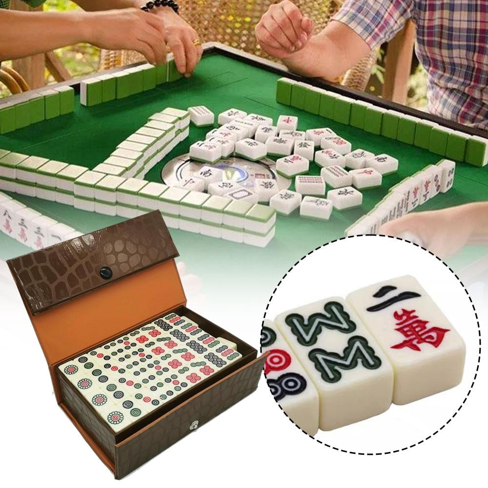 Chinese Mahjong Set with 144 Tiles Mini Mahjong Set with Brown Carrying Case Portable Lightweight Game for Travel Camping Family Gatherings Friends Party