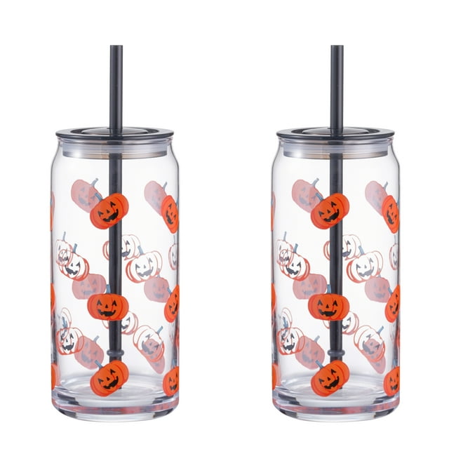 Set of two 20oz clear can-shaped sippers featuring Halloween-themed orange and white jack-o'-lantern pumpkin designs, each with a black lid and straw.