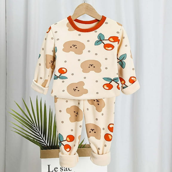Qingpeng Toddler Boys Girls Cute Print Warm Pajama Set Kids Long Sleeve Crewneck Pullover Tops & Pjs Pants Set Fall Winter Sleepwear Clothes Outfit