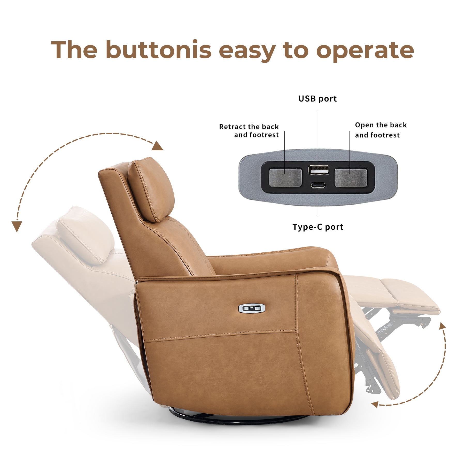 Ebello Power PU Leather Swivel Rocker Recliner, Electric Swivel Glider Chair with USB & Type-C Ports for Nursery, Living Room, Brown