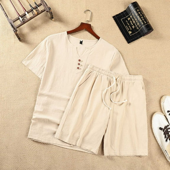 BXINGOHAI Men's 2 Pieces Linen Set Henley Shirt Short Sleeve and Shorts Summer Beach Yoga Matching Outfits Today Beige,3XL