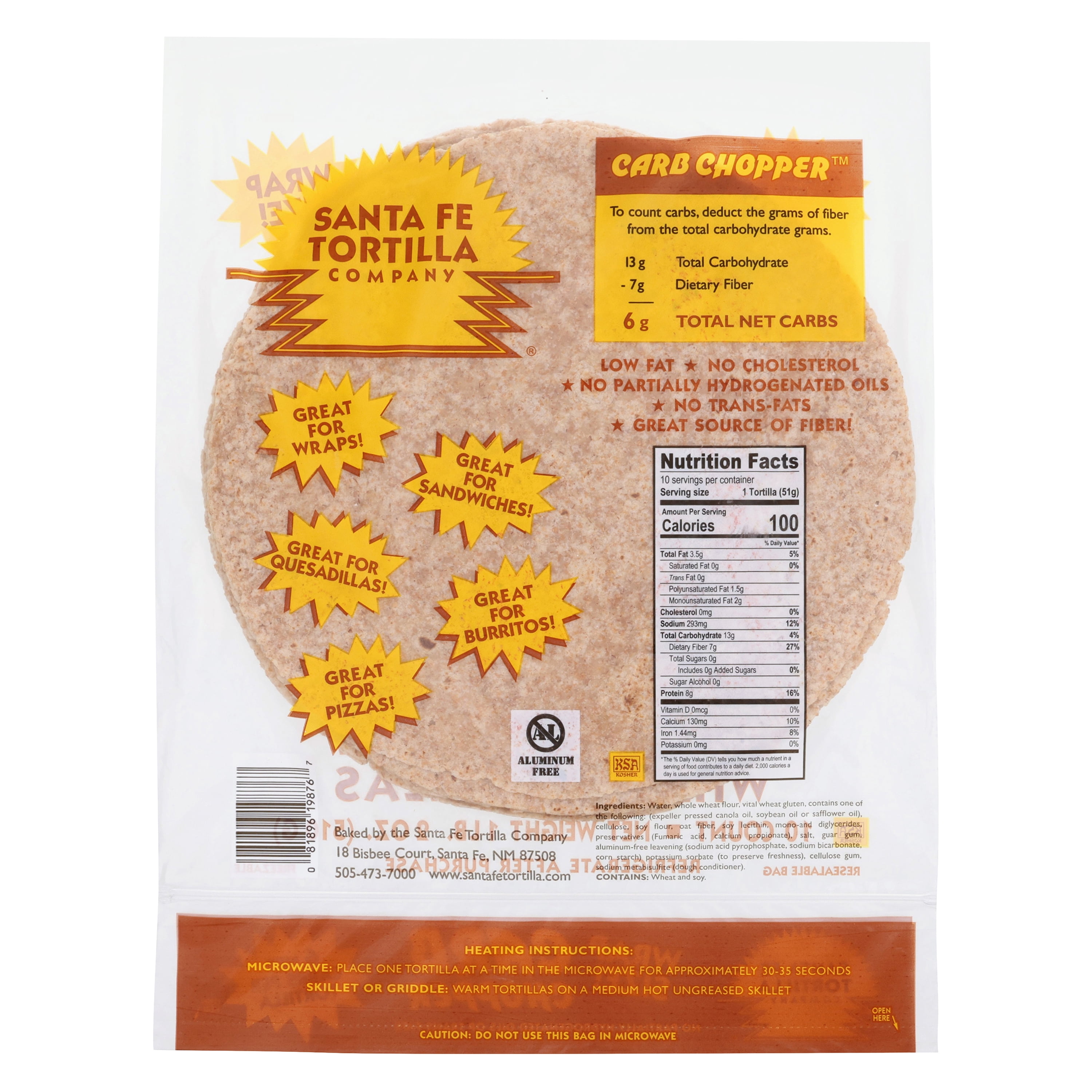 Santa Fe Tortilla Company Carb Chopper 9" Whole Wheat Flour Tortillas, 10 Count