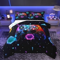 Castle Fairy Teens Boys Abstract Gradient Gamepads Bedding Comforter Set 2pcs,Video Game Twin Comforter Sets Microfiber,Galaxy Geometric Honeycomb Breathable Bedding Set,Lightweight Room Decor