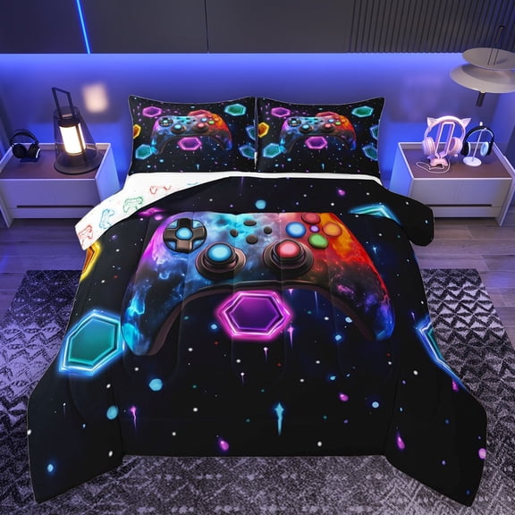 Castle Fairy Teens Boys Abstract Gradient Gamepads Bedding Comforter Set 2pcs,Video Game Twin Comforter Sets Microfiber,Galaxy Geometric Honeycomb Breathable Bedding Set,Lightweight Room Decor
