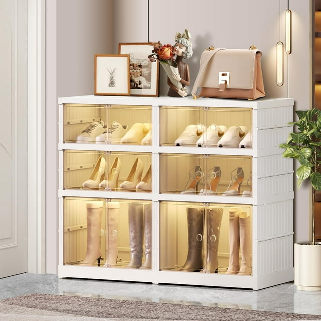 - Foldable Shoe Rack Organizer for Closet Pairs Collapsible Plastic Shoe Shelf Large Shoes Cabinet with Door Clear Stackable Storage Box Easy Assembly