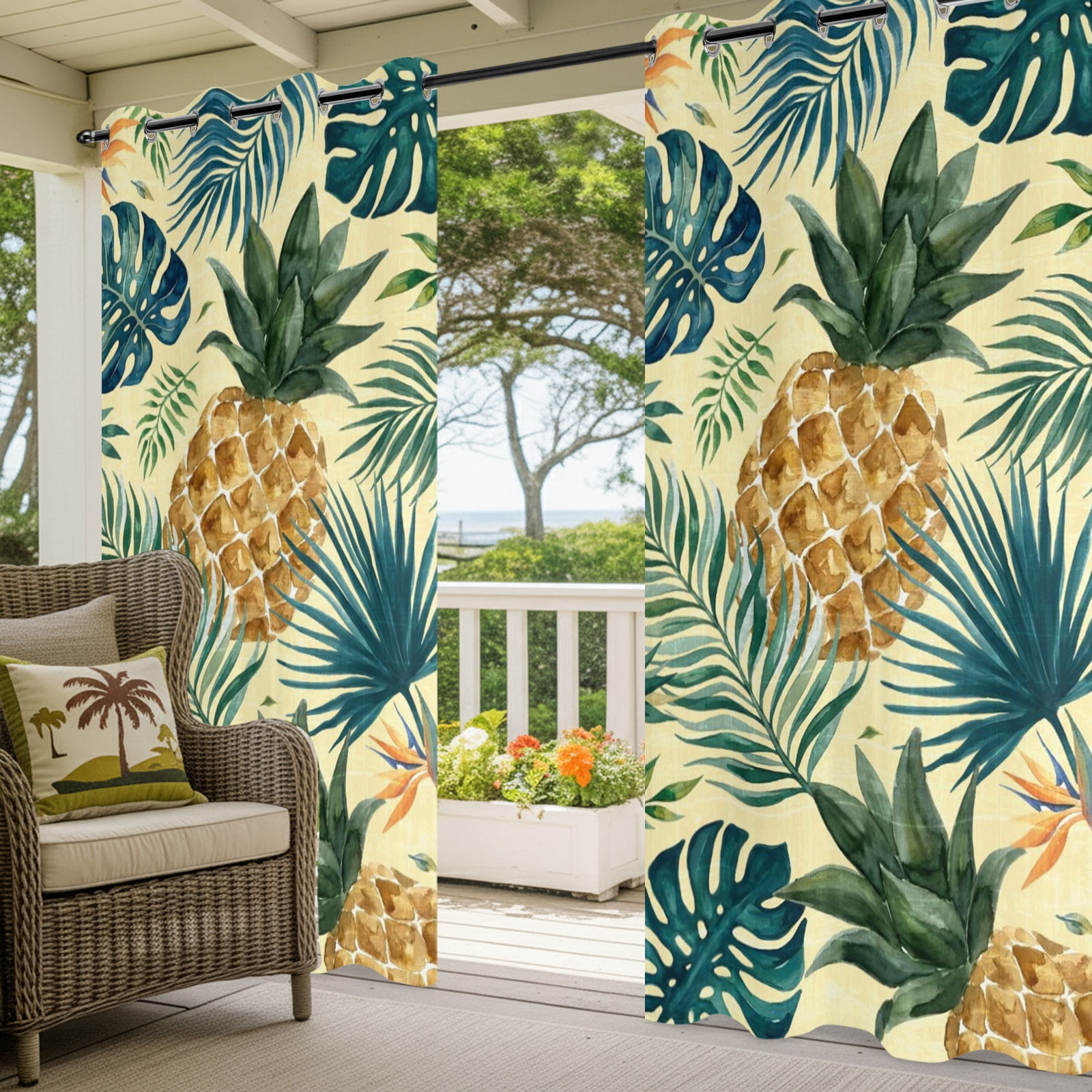 Yellow Pineapple Outdoor Curtains for Patio, Summer Palm Leaf Tropical Fruit Botanical Coastal Sunshade Privacy Drapes Grommet Waterproof Outside Curtains for Porch/Cabana/Balcony 54"x 108", 1 Panel