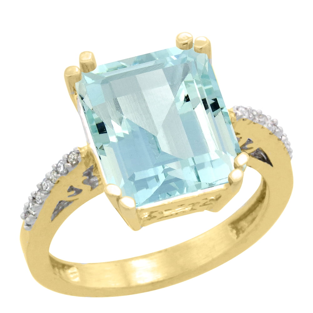 14K Yellow Gold Diamond Natural Aquamarine Ring Emerald-cut 12x10mm, size 6 by Gabriella Gold