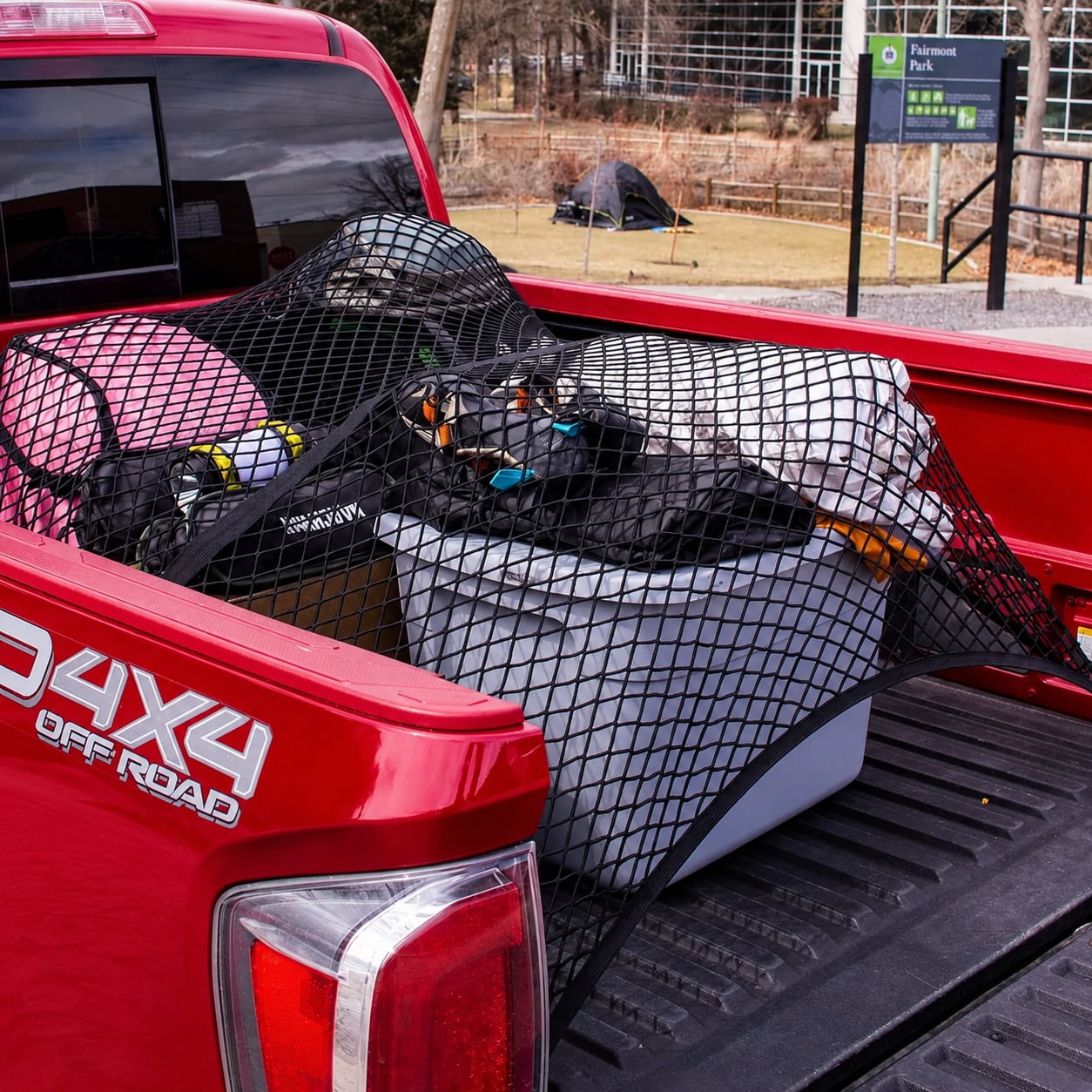 Heavy Duty Elastic Cargo Net 4'x4' (Stretches to 7'x7') , Double Layer Truck Bed Mesh Organizer for Pickup, SUV, ATV , Secures Luggage, Tools, Camping Gear , Weatherproof Bungee Tie Down Net
