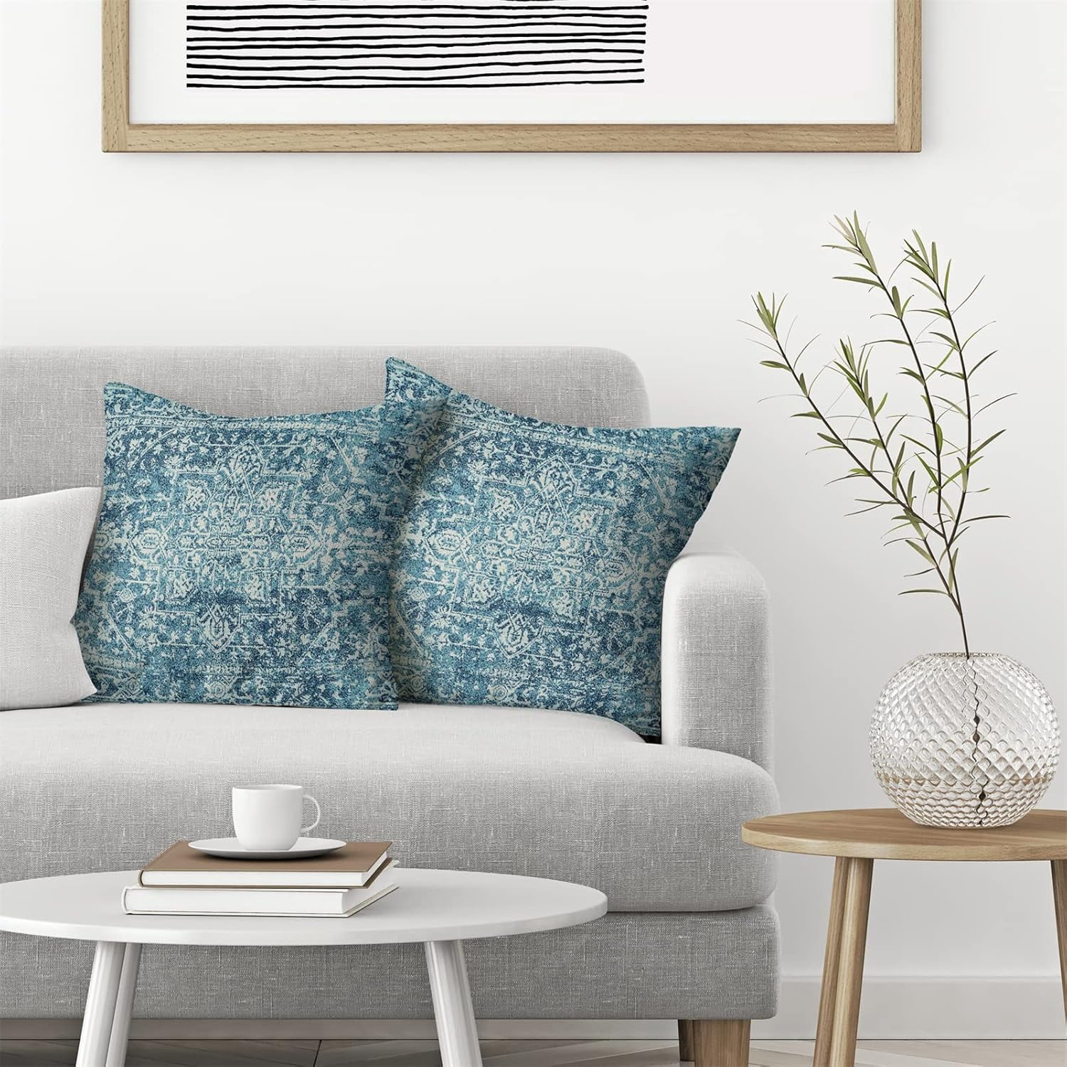Boho Pillow Covers Set of 2 16x16 Inch Teal Carpet Pattern Decorative Throw Pillows with Linen Ethnic Design for Farmhouse Sofa Couch Outdoor Decor Add a Splash of Color