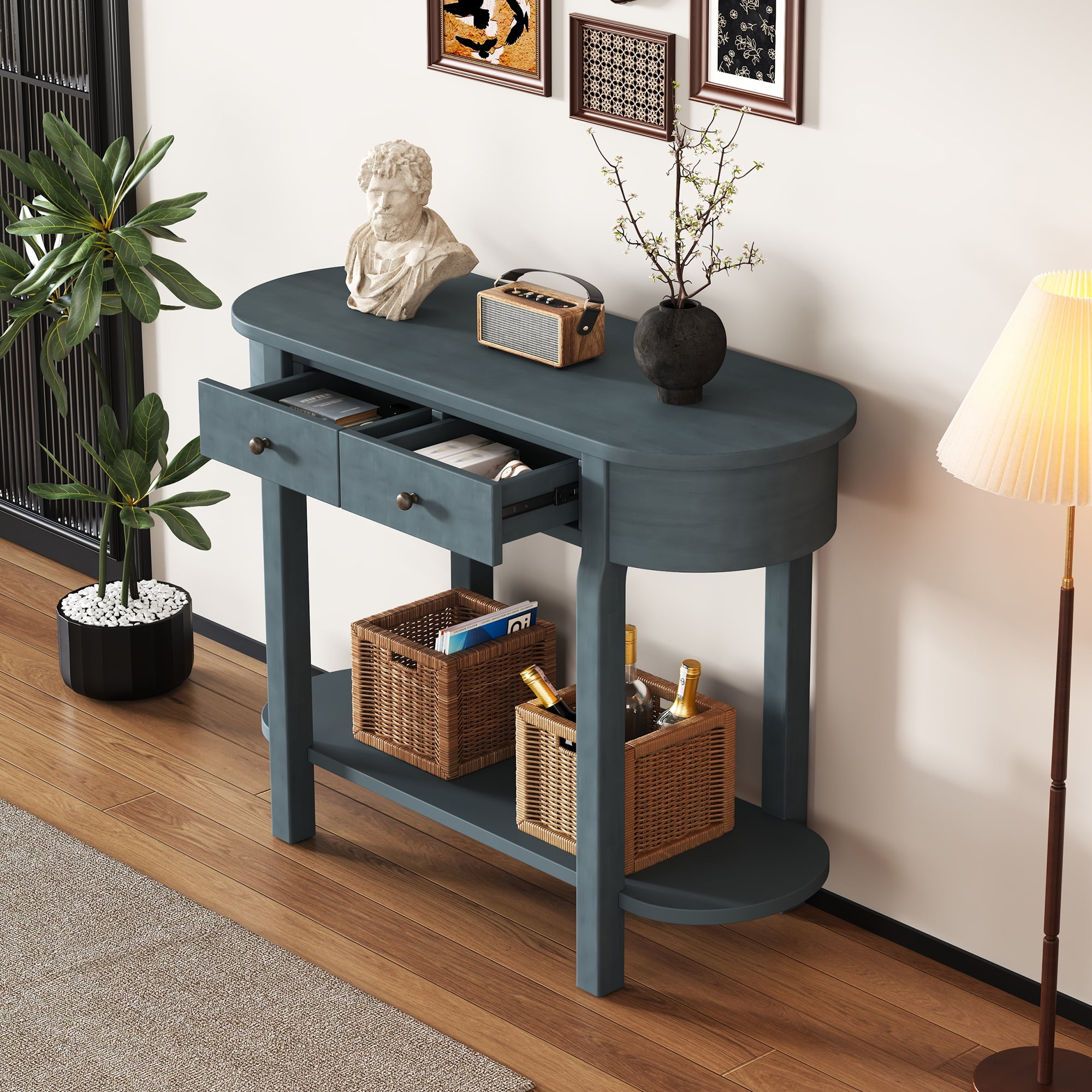 EUROCO 40" Narrow Console Table,Retro Entryway Table with Open Storage Shelf, 2 Drawers and Corner-Curved Design,Sofa Table Behind Couch for Entryway, Hallway and Living Room,Navy
