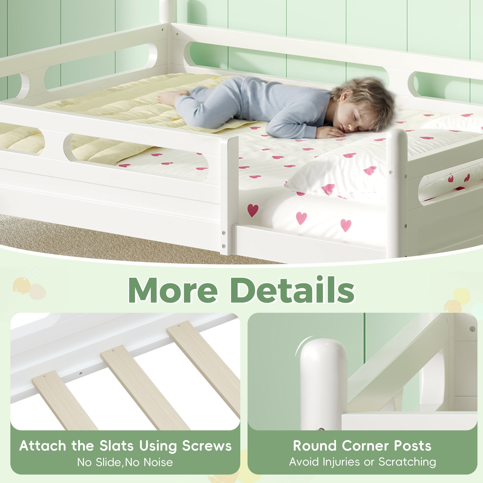 Euroco Wood Full Size Platform Bed, Low Profile Bed with Guardrails and Slats Support, White