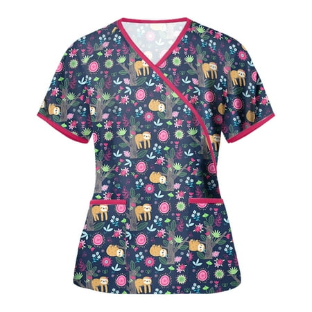 

Ozmmyan Womens Tops Scrubs for Women Short Sleeve V-neck Scrubs Tops Working Uniform Printed with Two Pockets Blouse Nursing Uniform Saving Clearance