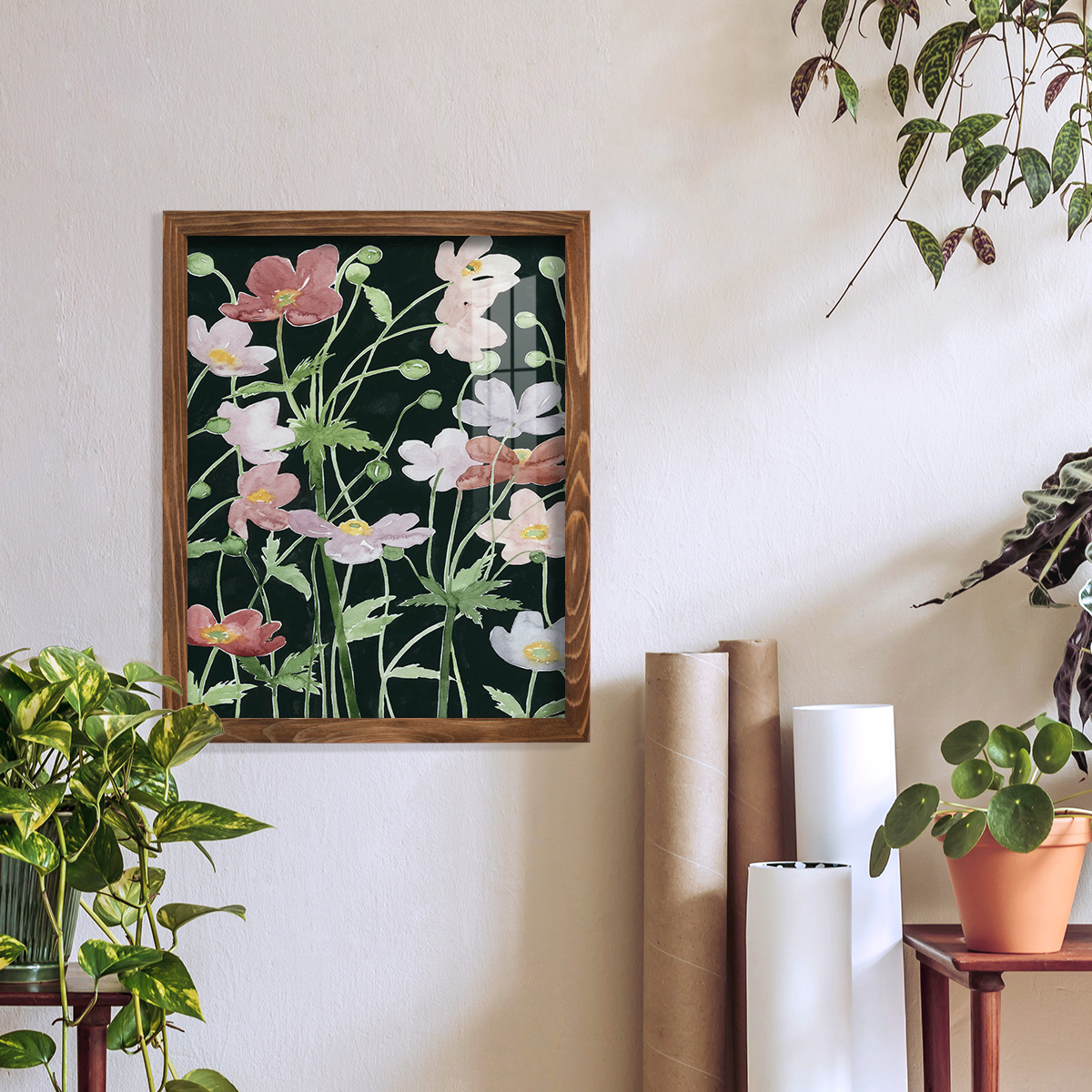 Anemone Dance III -Framed Print w/glass-Walnut