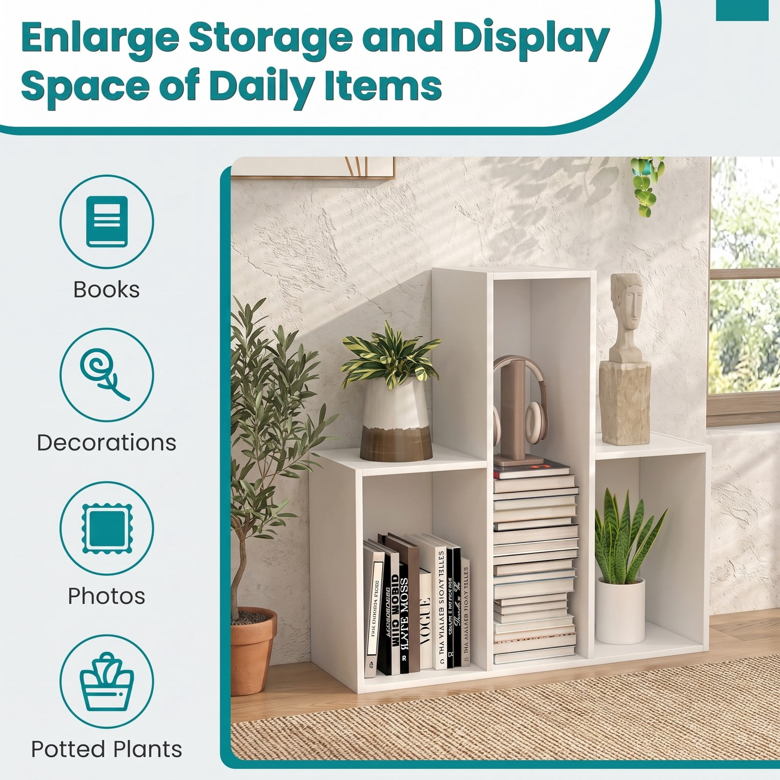 Furnibear Convex Bookshelf, Geometric Bookcase with 3 Open Shelves and Anti-Toppling Device, Freestanding Engineered Wood Display Storage Rack for Living Room, White