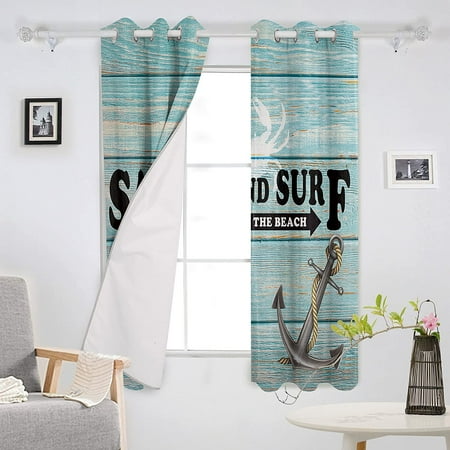 Curtains 52 Inch Length For Living Room Bedroom Blackout Darkening Sand And Surf Crab Anchor Blue Wood Grain Window Curtain Thermal Insulated With Grommet Ds 2 Panels Canada Window Curtain Thermal Insulated, Wood Grain Window Curtains