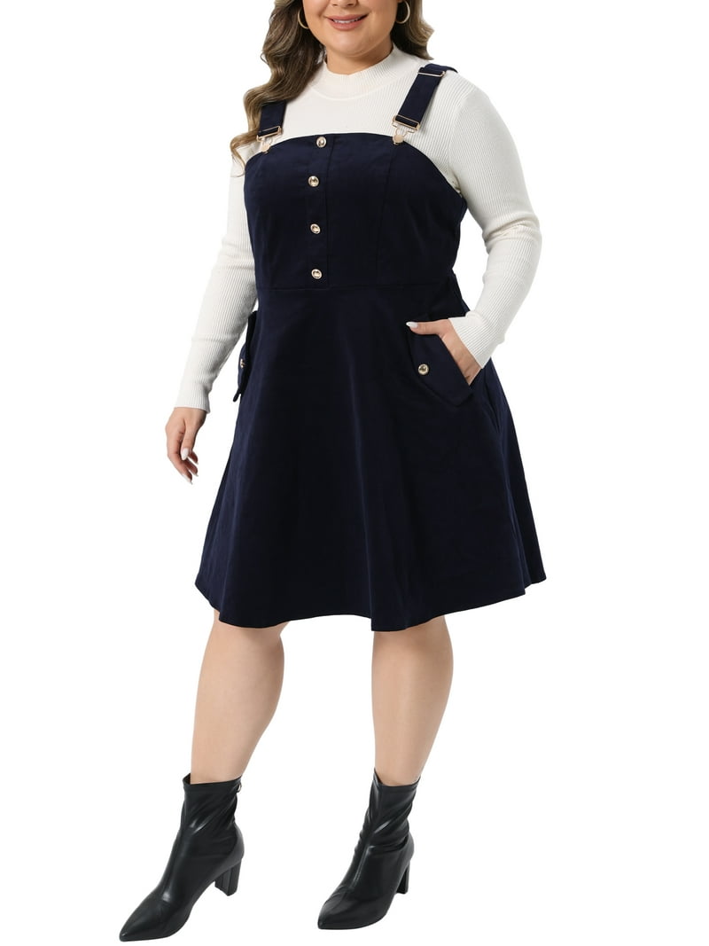 Agnes Orinda Women's Plus Size Corduroy Pinafore Short Dress Overall Dresses Suspender Skirt with Pocket 3X Dark Blue, Size: 3XL, Brown