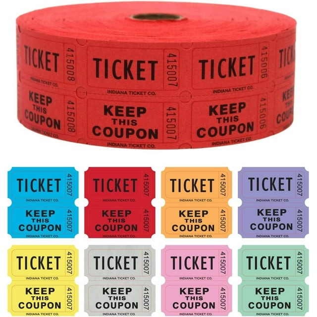 INDIANA TICKET CO. Double Rouleau de Billets de Tombola – 1,000 Rouge, Événements, Collecte de Fonds, Carnaval, Foire, Prix de Porte, Billets de Boisson/nourriture, Récompense de Classe, Bingo, Enchère, Tirage de 50/50 Cash. (8 Sélection de Couleurs)