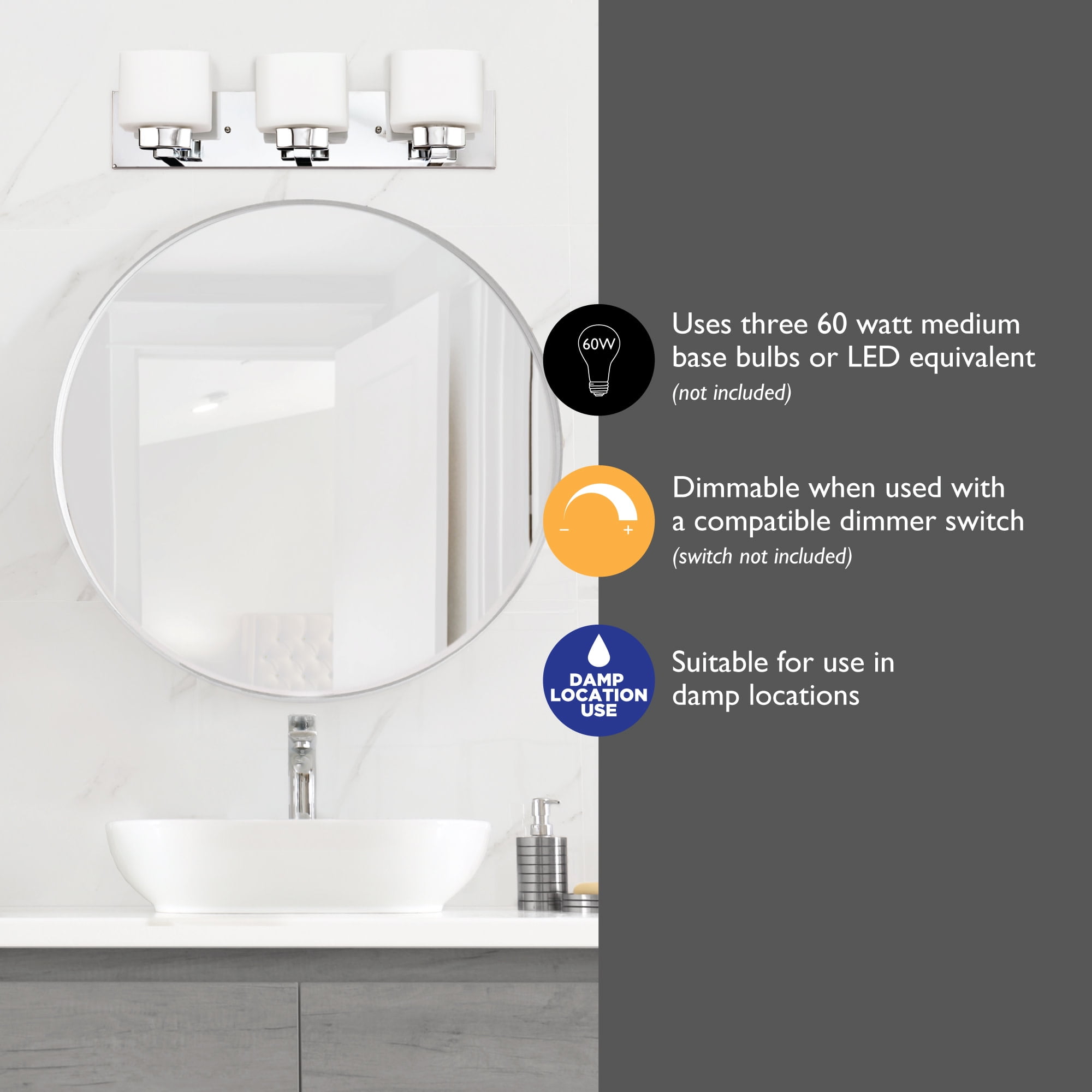 Design House Dove Creek 3-Light Dimmable Bathroom Vanity Light with Frosted Glass, Polished Chrome