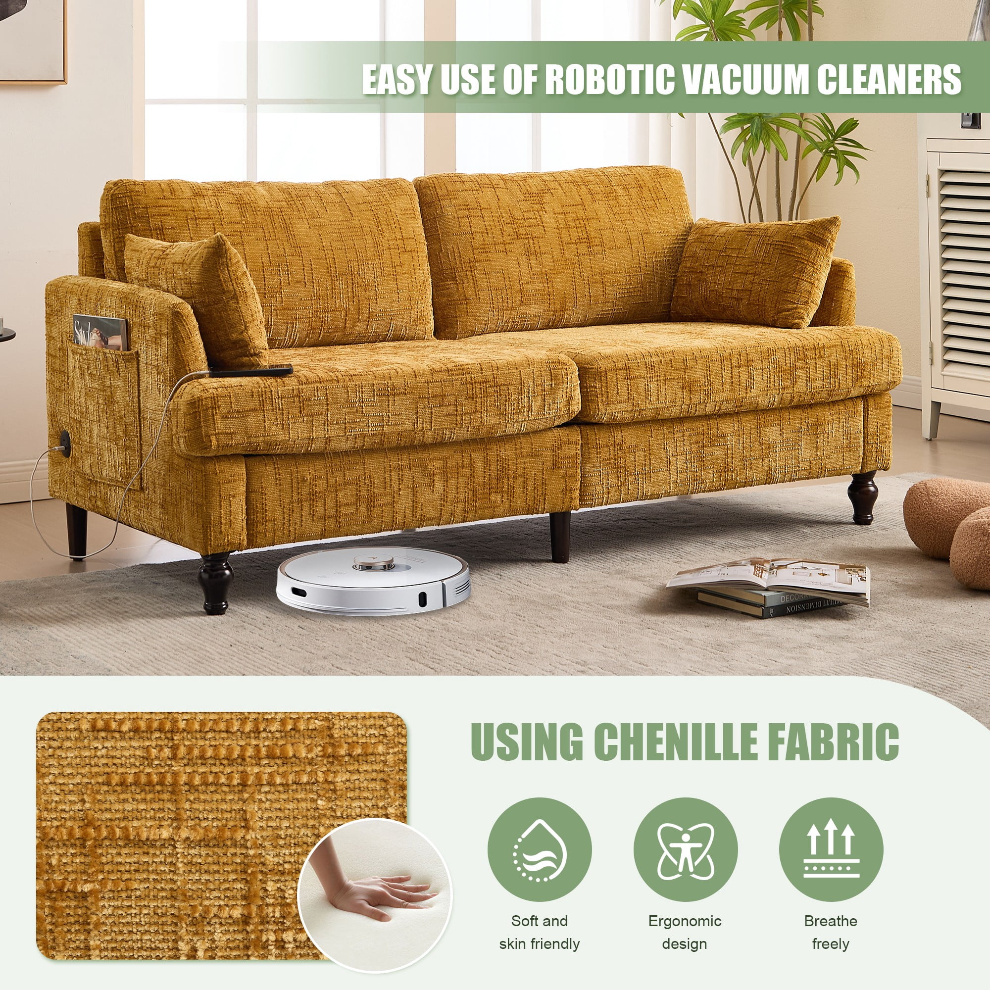 68.9" Sofa Couch,Modern 2 Seater Upholstered Loveseat Sofa Couch with LED light&USB for Living Room,Bedroom,Mustard yellow