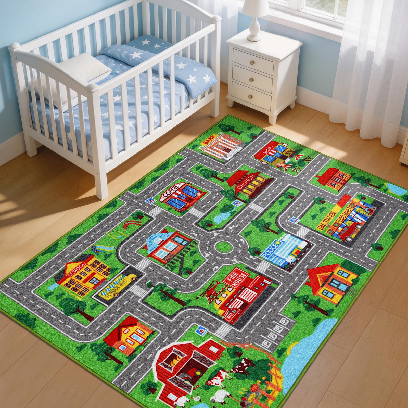 Kids Carpet Playmat Rug 59"x39.4", City Road Map Car Play Mat for Bedroom Playroom
