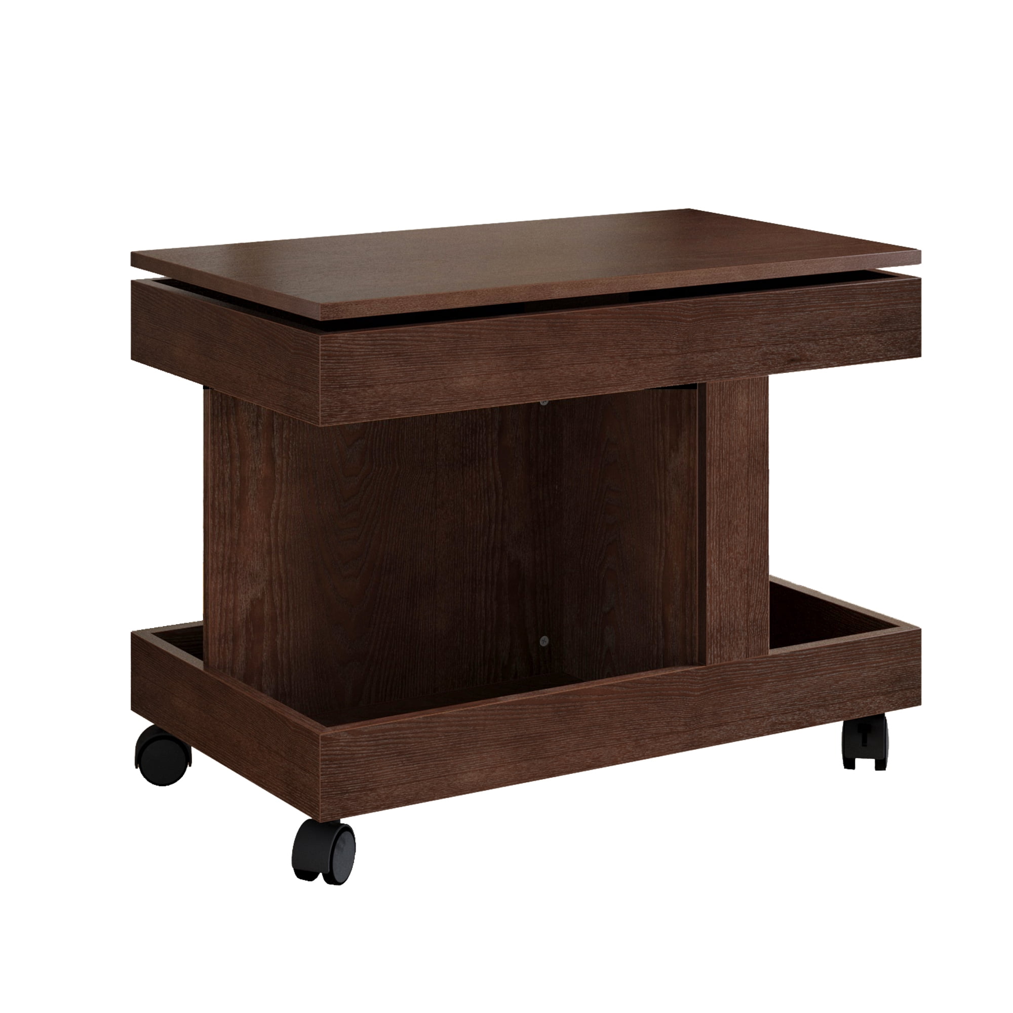 Small Coffee Table with Wheels and 360° Rotating Desktop, Rolling Side Table and Mobile End Table with Storage for Living Room Bedroom, Walnut Brown