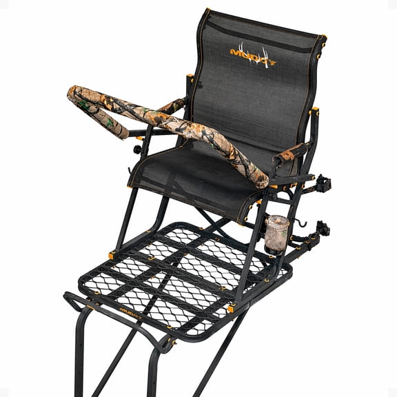 Muddy Boss Hawg 1.5 Deer Hunting Ladderstand, 17 Foot 1 Person Climbing Tree Stand with Lumbar Seat and Expanded D-Force Metal Platform