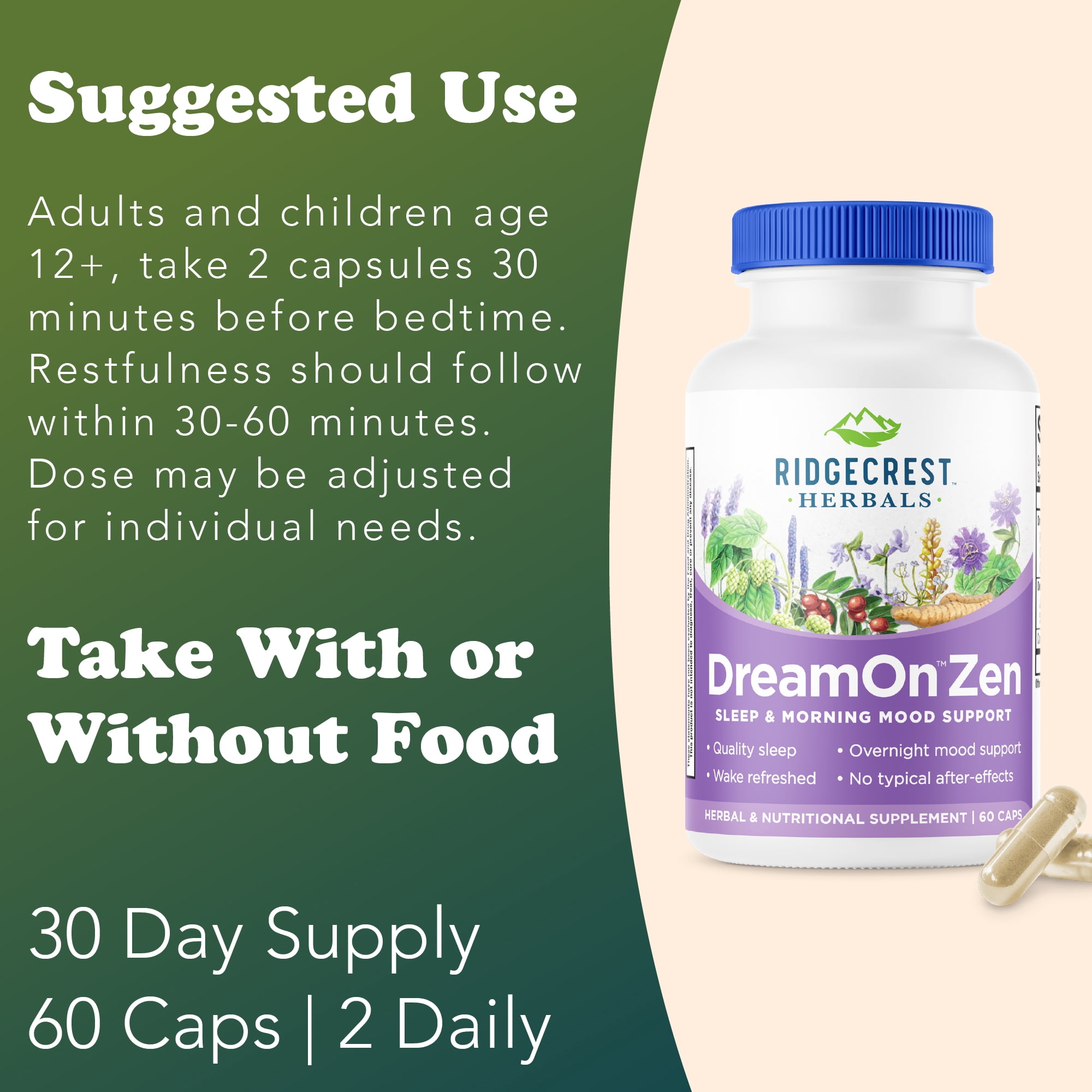 RidgeCrest Herbals DreamOn Zen, Sleep Aid and Mood, Calm Support Supplement, Melatonin Free, Magnesium, 5-HTP, Lavender, Chamomile, Valerian, Lemon Balm (60 Caps, 30 Serv)
