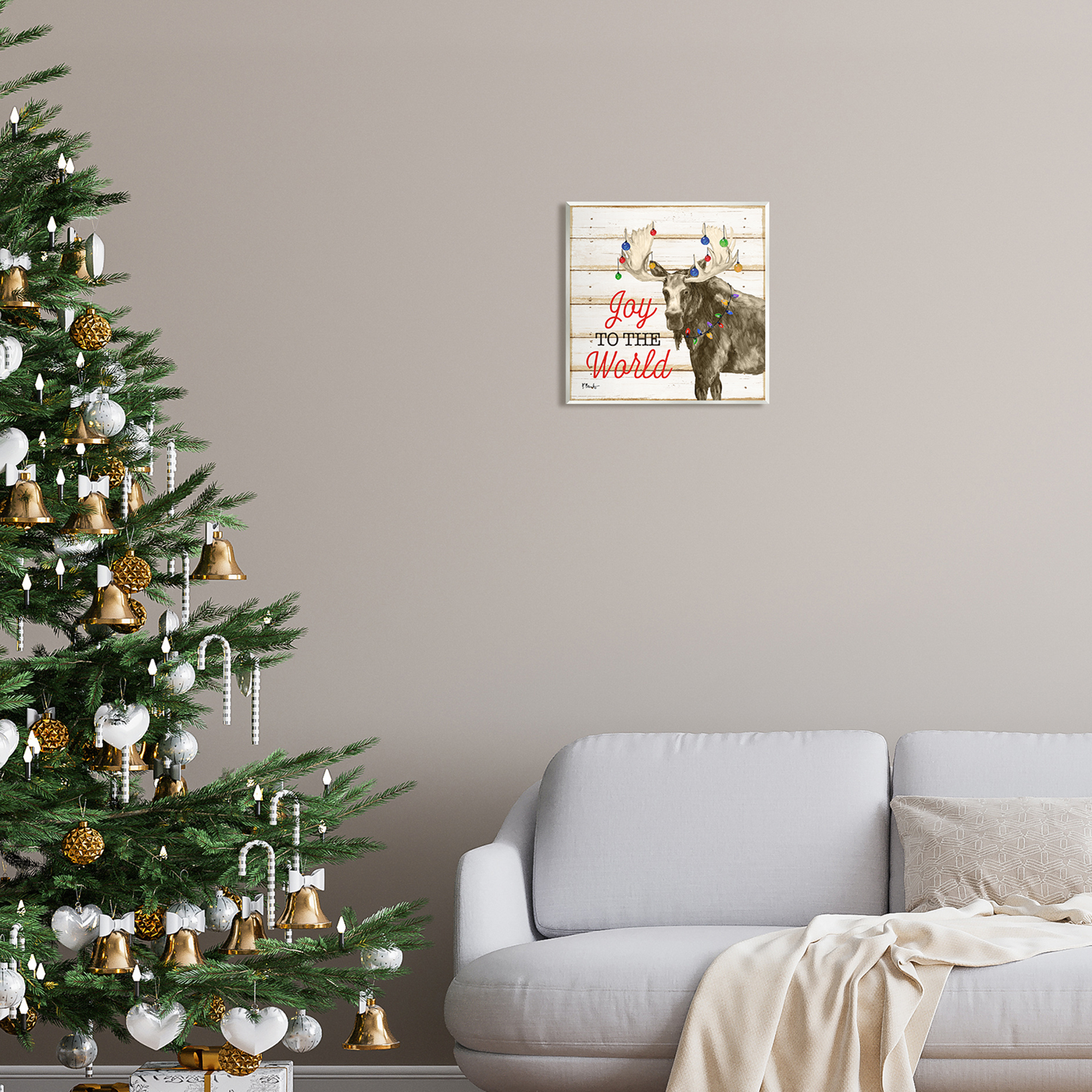 Stupell Industries Moose with Festive Lights Holiday Painting Unframed Art Print Wall Art, 12 x 12