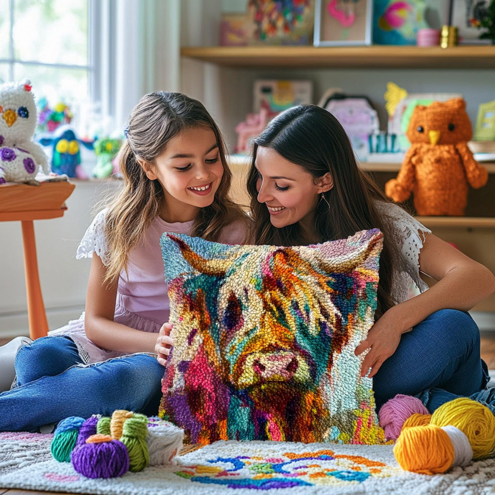 Rainbow Color Highland Cattle DIY Latch Hook Pillow Kits for Adults Printed Pillowcase Crochet Yarns Hooking Handmade Pillow Cover Cushion for Home Sofa Decoration 17x17inch(3)