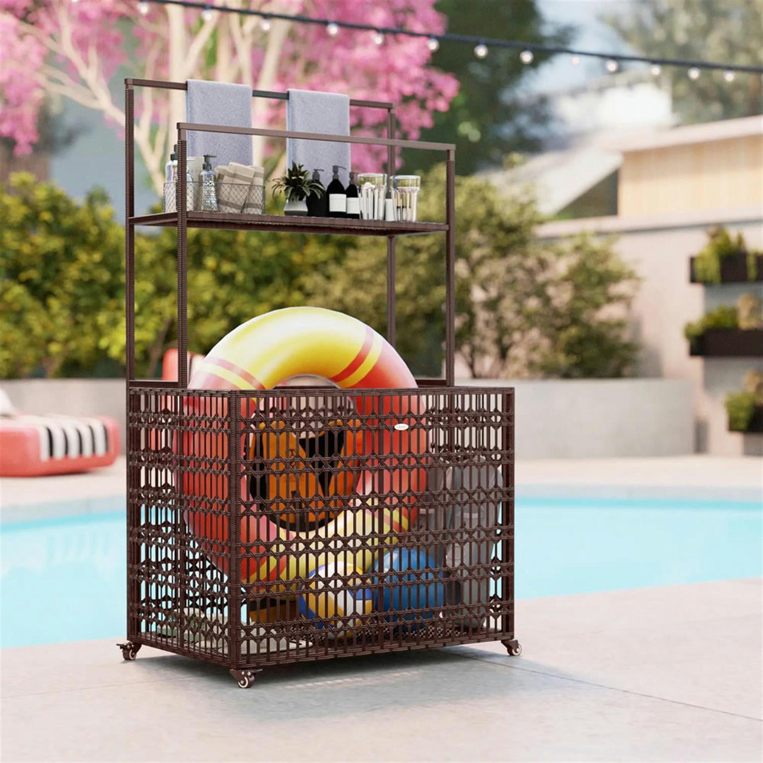 Demi Bonn Wicker Pool Float Holder, PE Rattan Storage Organizer with Basket Shelf, Towel Bars Rolling Caddy for Floaties, Noodles, Life Vests, Beach Balls, Brown