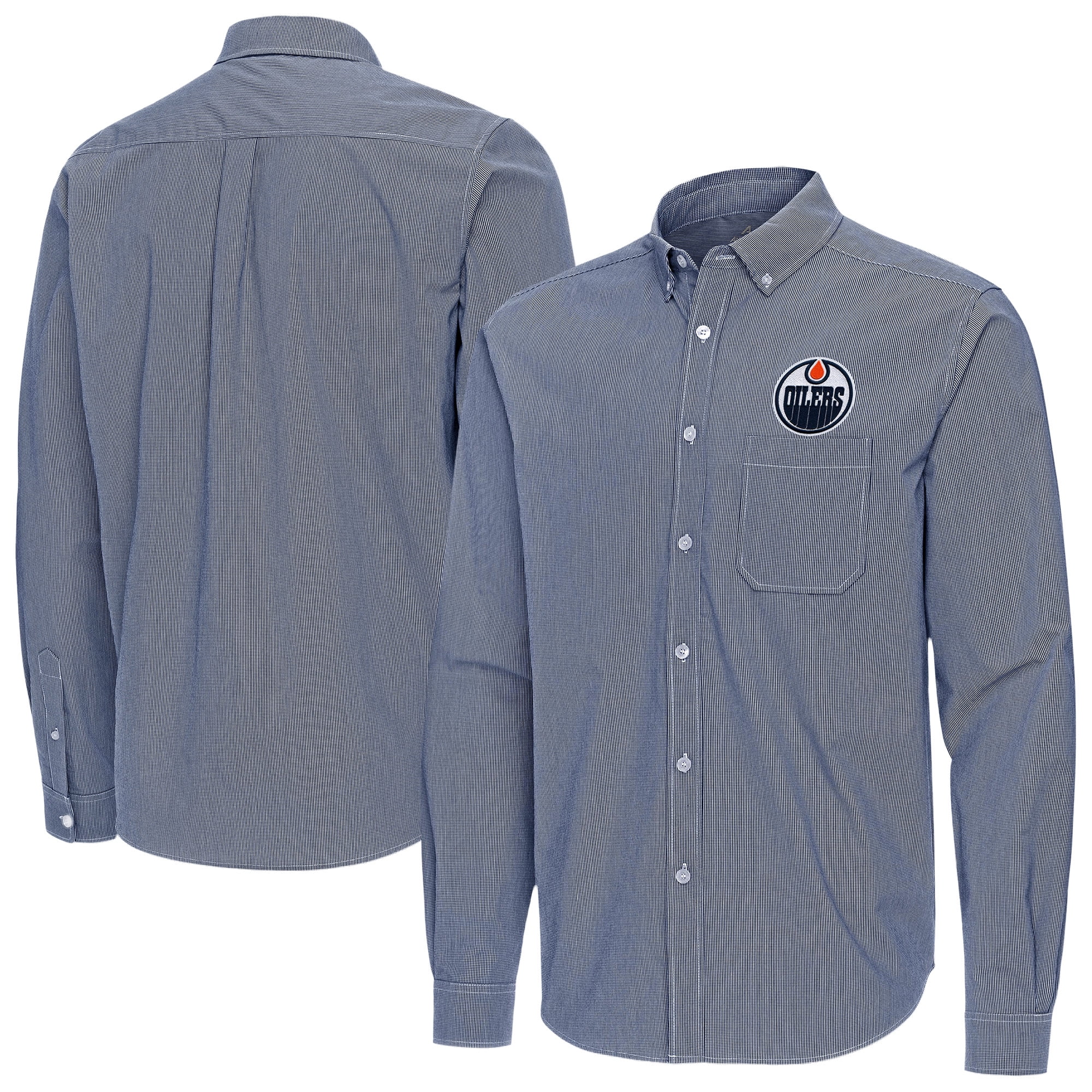 Men's Antigua Navy Edmonton Oilers Porter Woven Tri-Blend Long Sleeve Button-Down Shirt