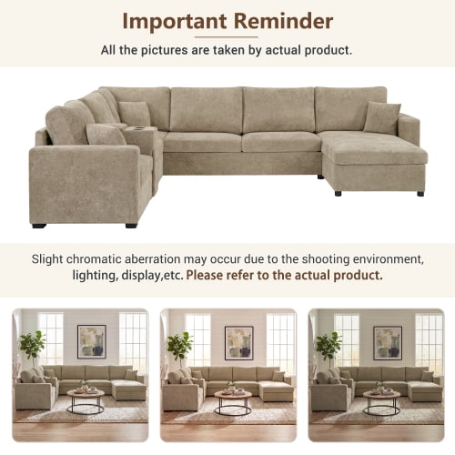 134" U-Shape Modular Sectional Sofa, 5-Seat Couch with Chaise Lounge, Deep Seat, Built-In Cup Holders, Storage Drawer and Pillows, Brown