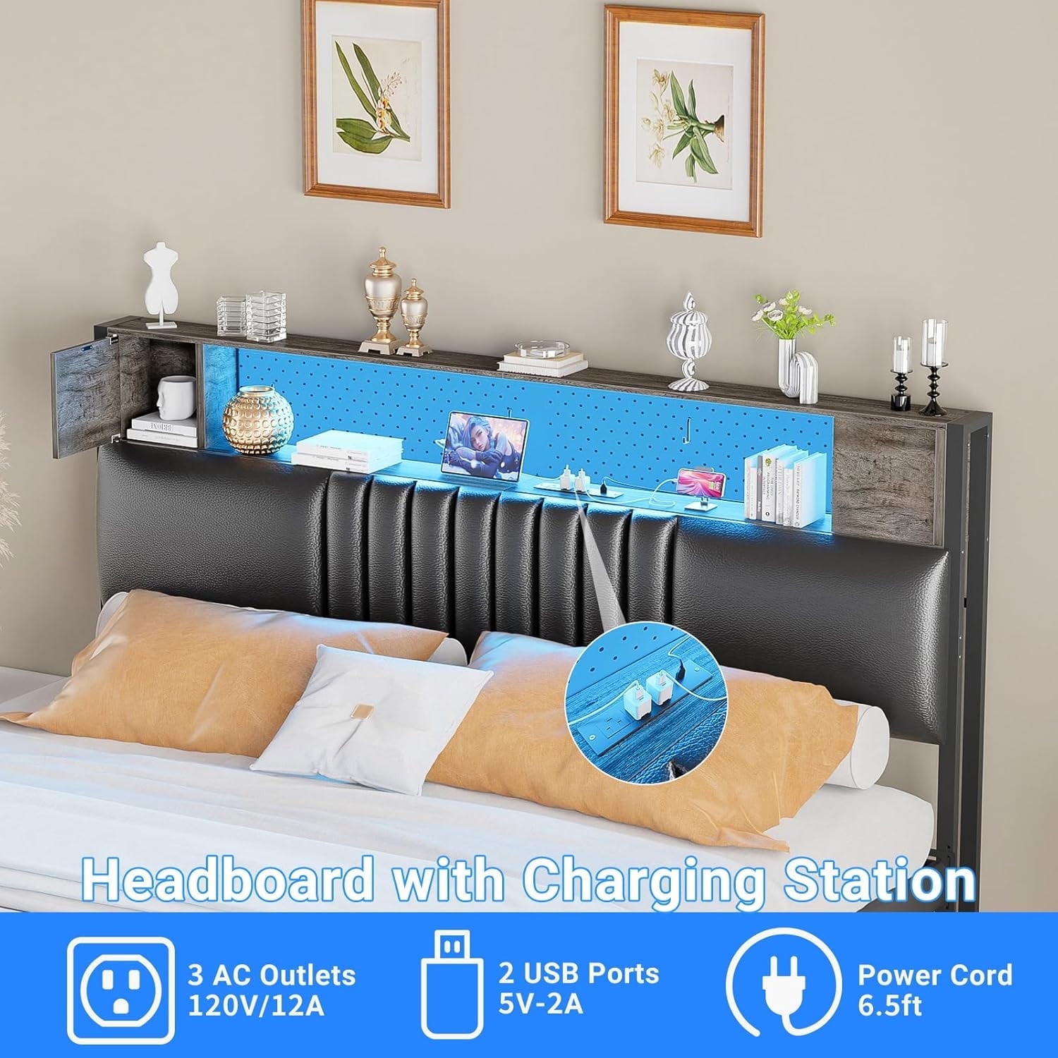 iSunirm Upholstered Headboard for Queen Size Bed Frame with Storage Cabinet & Shelf, Queen Headboard with Outlets and RGB LED Light, for Bedroom/Dorm Room, 40.1"W x 6.3"D x 43.3"H, Black Oak