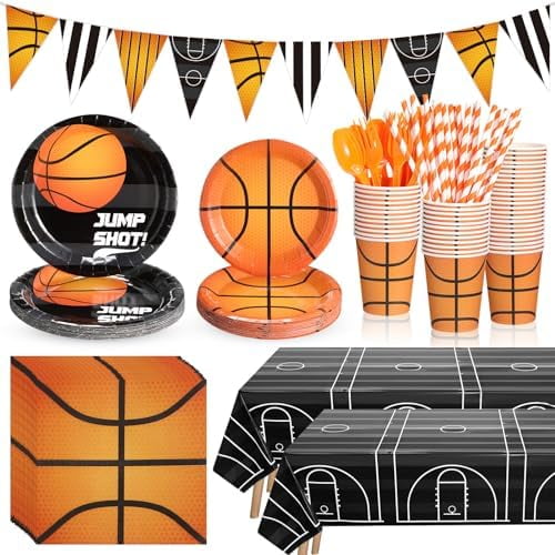 195 Pcs Basketball Party Supplies Basketball Party Decorations Disposable Tablecloth Paper Plates Cup Napkin Plastic Fork Knives Spoon and Banner for 24 Guests Sports Birthday Decorations$$