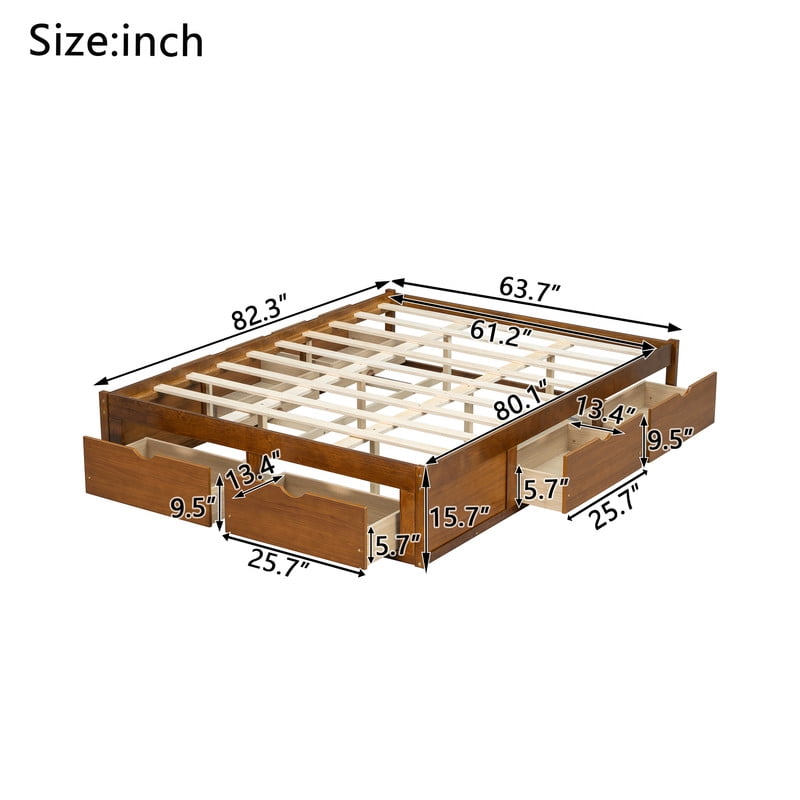 Queen/King Size No Box Spring Required Platform Bed with No Headboard, Wooden Storage Bed Frame with 6 Drawers