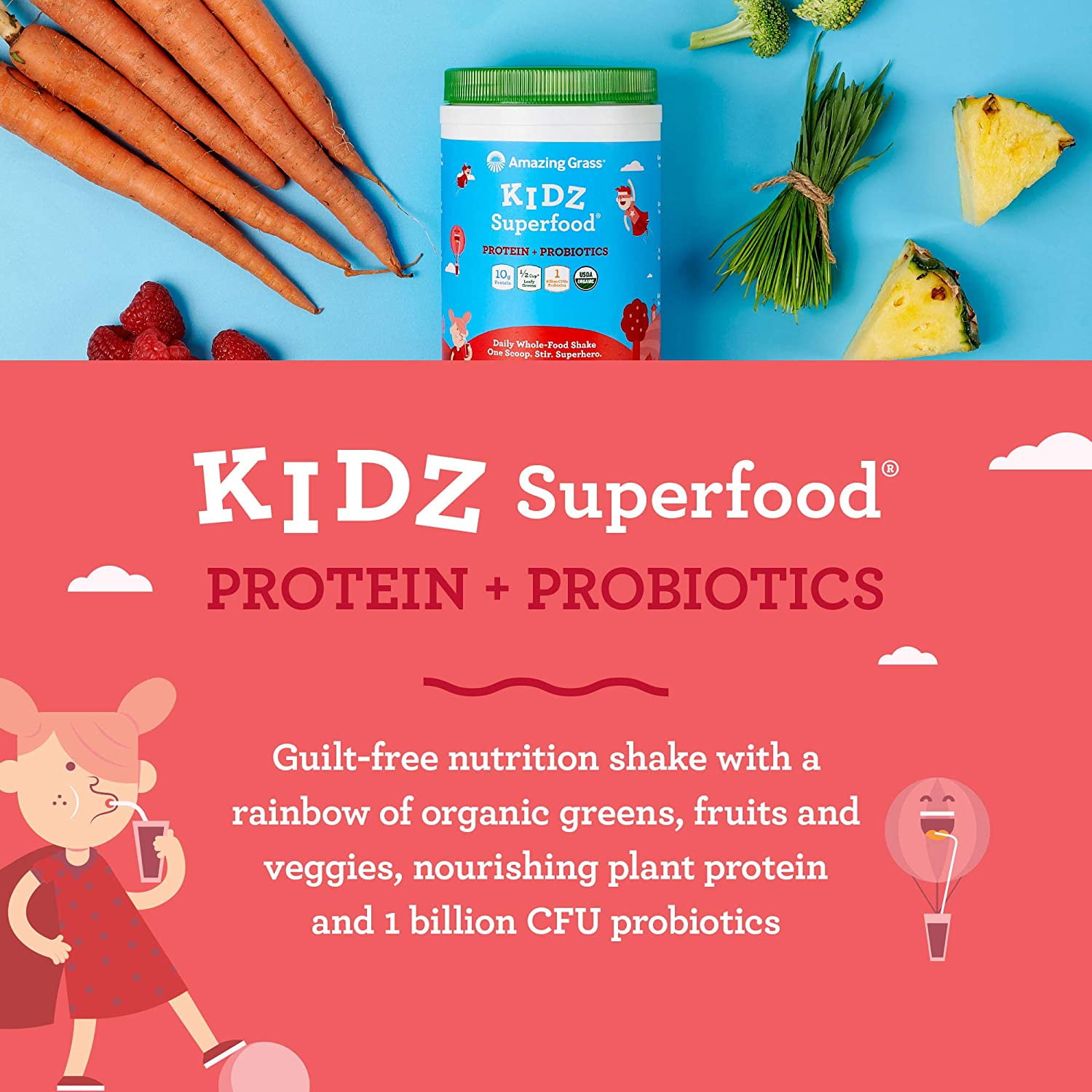 Kids Organic Superfood Drink Mix Powder with Protein & Probiotics -  Strawberry (15 Servings)