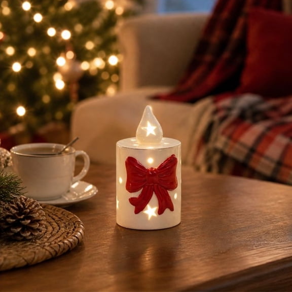 LED‑Lit Ceramic Bow‑Shaped Candle Christmas Ornament, Flameless Simulated Candle Tabletop Centerpiece For Holiday Home Decor And Seasonal Gifts