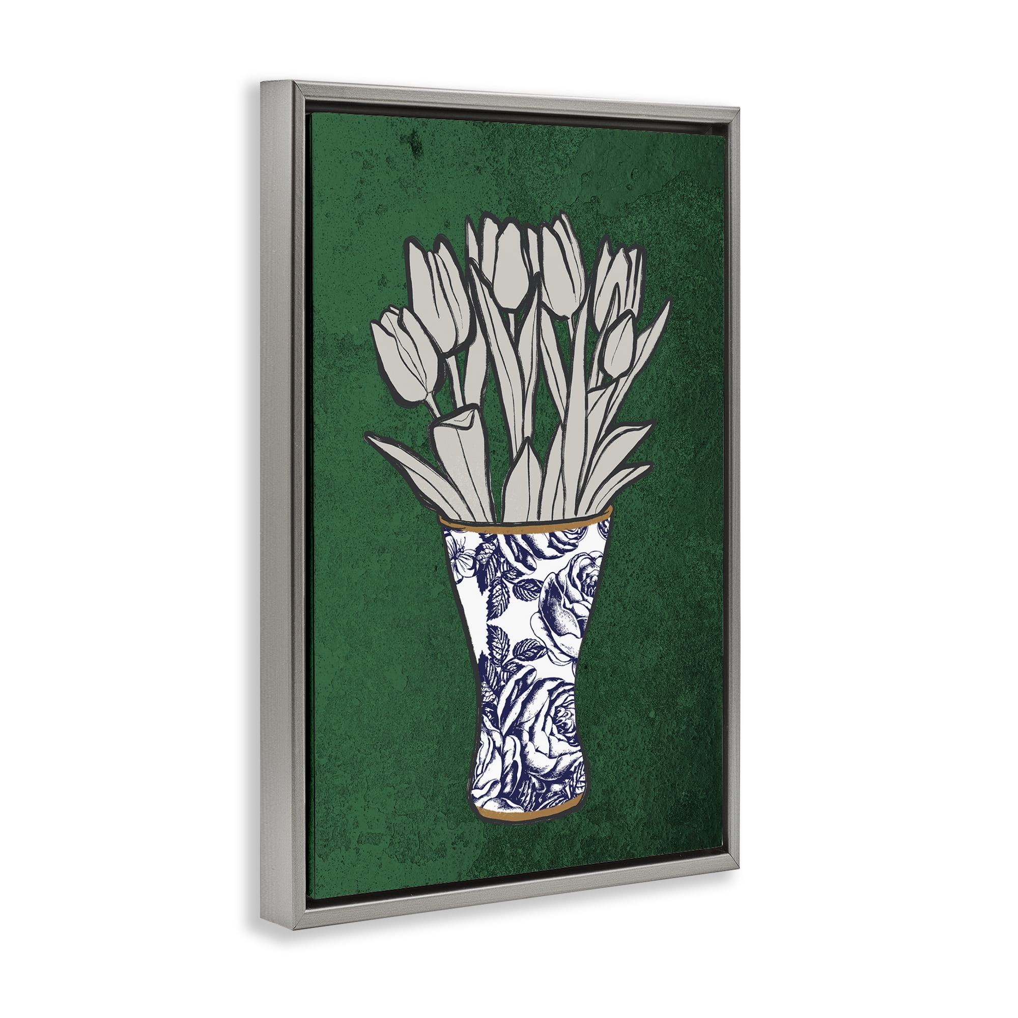 Stupell Industries Tulip Bouquet Vase Botanical & Floral Painting Gray Floater Framed Art Print Wall Art, 21 x 31