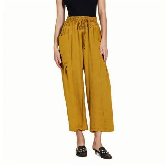 ZyeKqe Plus Size Cotton Linen Pants for Women Drawstring High Waisted Casual Pants Loose Fitted Trousers