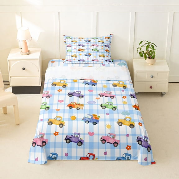 Castle Fairy Watercolor Truck Twin Sheet Sets 3pcs for Girls, Plaid Check Art Bedding for Bedroom, Blue Green Yellow