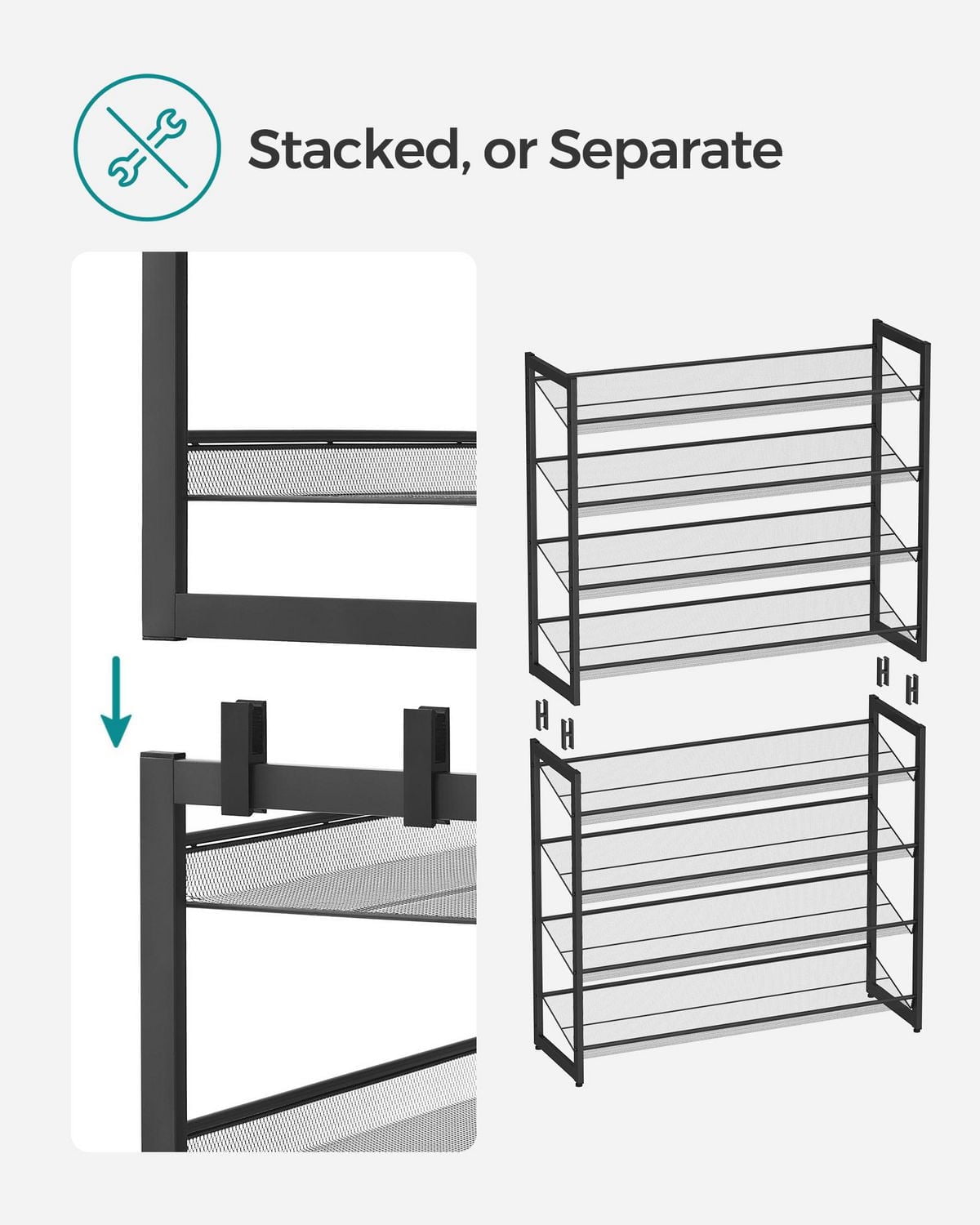 Songmics Home - 8-Tier Metal Shoe Rack for Garage with Adjustable Flat or Angled Shelves, Black