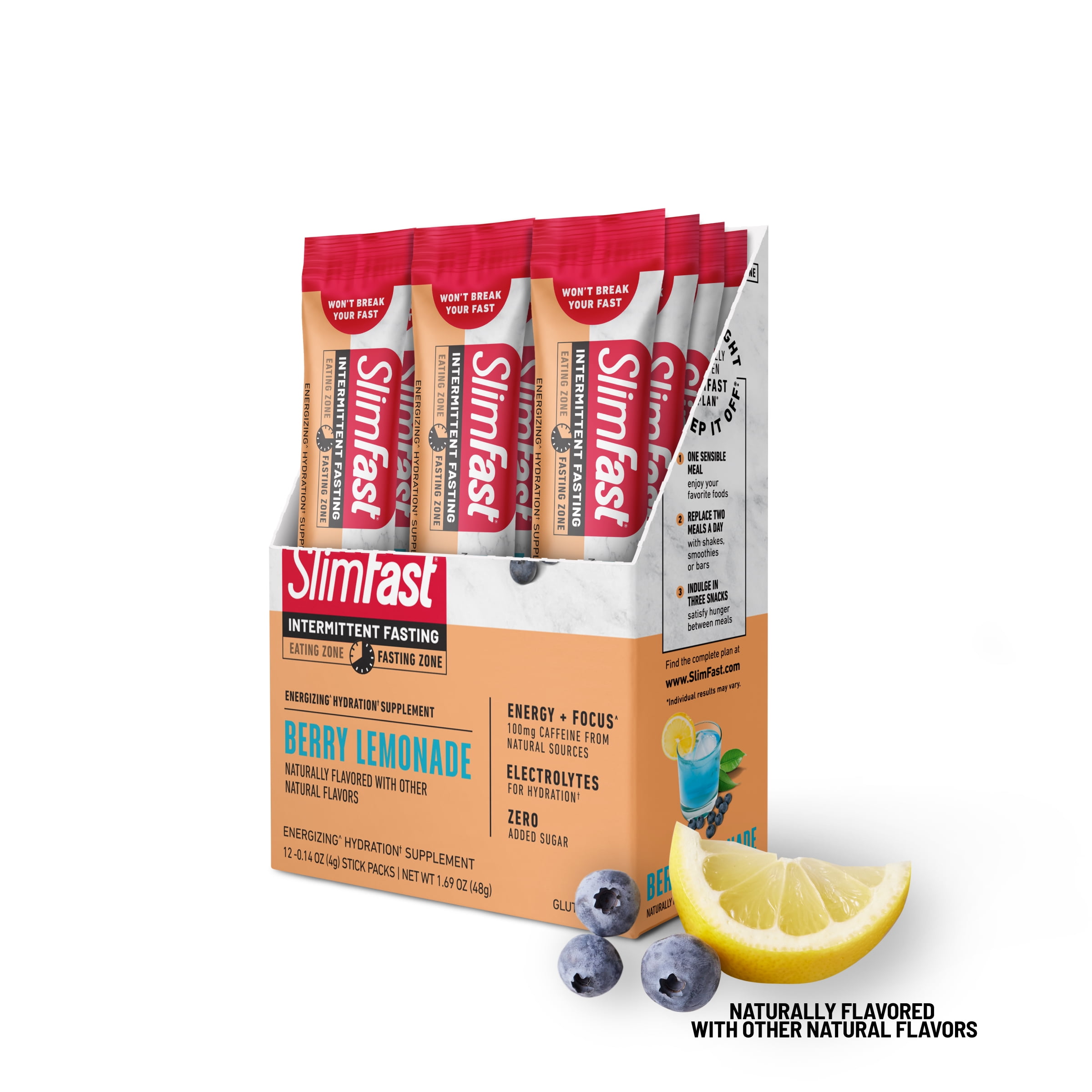 SlimFast Intermittent Fasting, Energizing Hydration Drink Mix, Berry Lemonade, 12 Servings