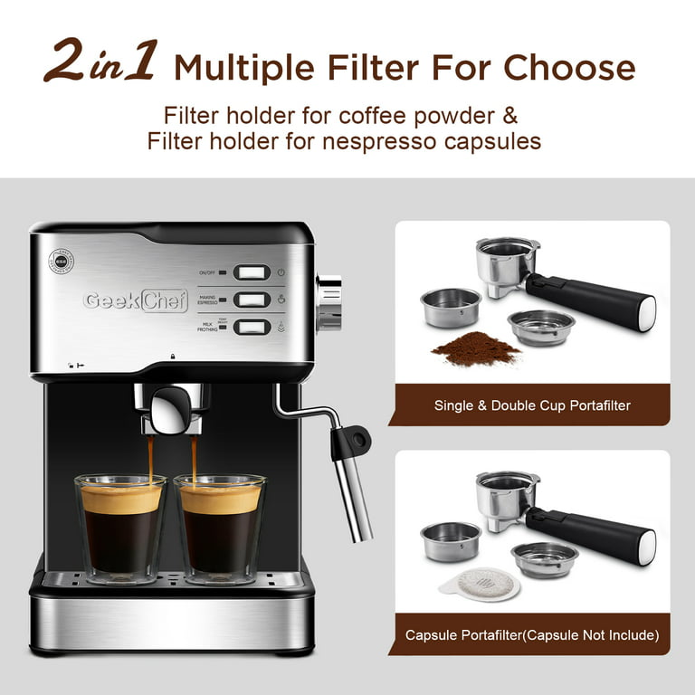 Kahomvis 2-Cup Silver 20-Bar Espresso Machine Coffee Maker with ESE POD  Filter, Milk Frother Steam Wand, Thermometer, Water Tank GuBK-LKD0-V5U -  The Home Depot