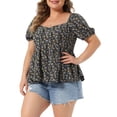thumbnail image 4 of Agnes Orinda Women's Plus Size Floral Tops Sweatheart Neck Short Sleeve Ruffle Hem Back Smocked Casual Summer Babydoll Blouses 3X Black, 4 of 6